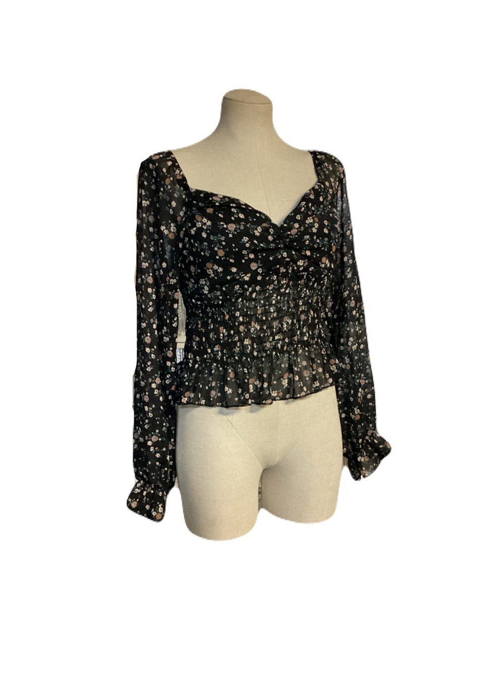 Timing Black Floral Smocked Square-Neck Long Sleeve Blouse